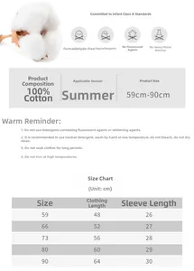Detailed size chart and fabric care for 100% cotton summer baby romper clothing