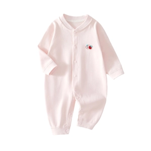 Pink cotton newborn long sleeve baby romper with cute cherry embroidery and snap buttons