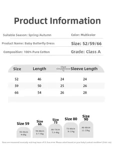 Size chart for 100% cotton newborn bodysuits showing dimensions for sizes 52 to 90 cm