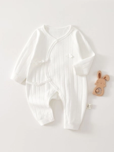 Newborn Baby Cotton Long Sleeve Romper Ribbed Seamless Butterfly Side Tie Kimono Jumpsuit Double Layer Belly Protection