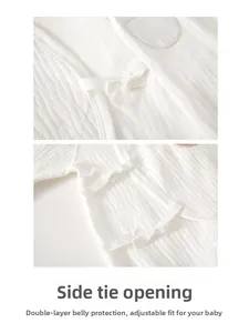 Detail of baby cotton side-tie shirt with quilted texture and double-layer belly protection