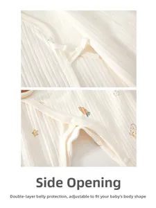 Detail of infant organic cotton romper showing side ties and snap button closure