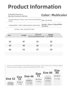 Size chart for newborn thermal cotton romper with measurements for height and weight