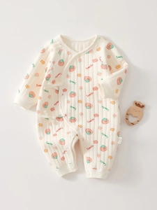 Newborn Baby Quilted Romper Thick Warm Cotton Kimono Jumpsuit For Autumn Winter Infant Persimmon Pattern Sleepwear