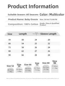 Size guide for baby cotton romper with detailed measurements and height suggestions