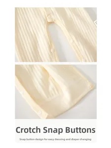 Close-up of snap fasteners on cotton ribbed baby romper for easy diaper changes