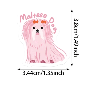 Detailed view of a cute cartoon Maltese dog sticker showing precise size dimensions