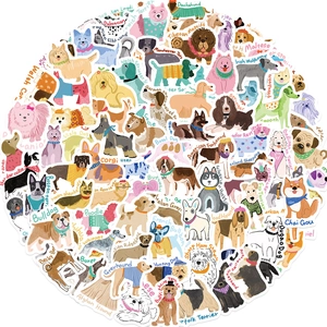 Close-up of waterproof cartoon dog stickers for phone cases and DIY journals