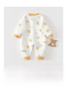 Detailed view of warm quilted cotton baby romper featuring cute bear and heart patterns