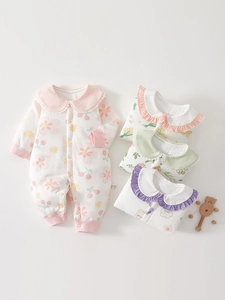 Newborn Baby Romper Padded Cotton Jumpsuit Long Sleeve Peter Pan Collar Floral Printed Infant Climbing Clothes Outfit
