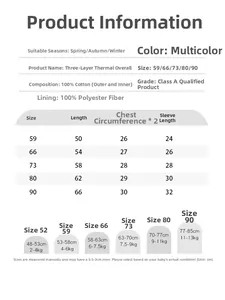 Size chart for baby thermal romper showing height and weight guides for spring and winter