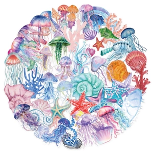 50pcs watercolor ocean stickers set with jellyfish and seashells for scrapbooking decoration