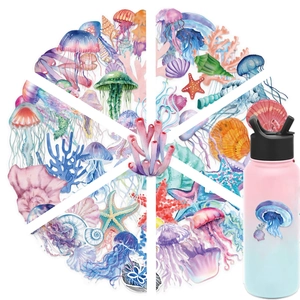 50pcs ocean life PET stickers set with jellyfish and seashells for water bottle decor