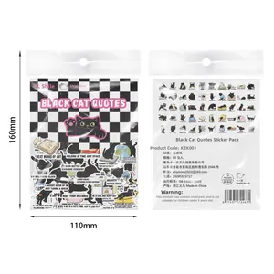 Detailed packaging of black cat quote stickers showing material and size dimensions