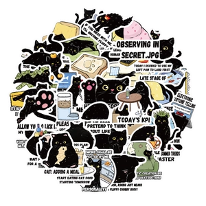 Close-up of cute black cat stickers with funny English quotes for laptop and journal decor