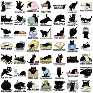 Set of 50 cute cartoon black cat stickers for laptops and planners with funny quotes