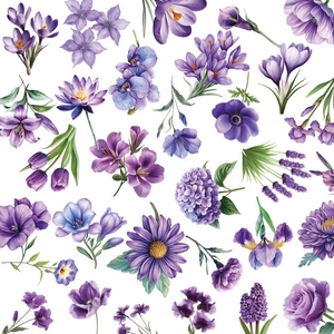 50 pieces of romantic purple floral PET stickers featuring watercolor tulip and hydrangea designs