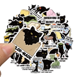 Cute black cat cartoon stickers pack with funny quotes for DIY laptop and luggage decor