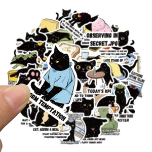 50pcs cute cartoon black cat stickers with humorous memes for laptop and luggage decor