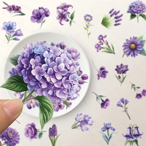 Close-up of romantic purple flower PET stickers including hydrangea and lavender for DIY crafts