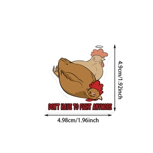 Macro shot of a waterproof cartoon chicken sticker with a peace slogan and sizing details