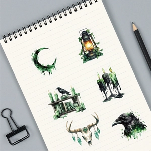 Stickers PET de sorcière gothique avec potion magique sombre et corbeau mystique aquarelle