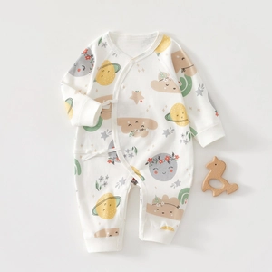 Newborn long sleeve cotton romper in cream white with cute cosmic cartoon prints