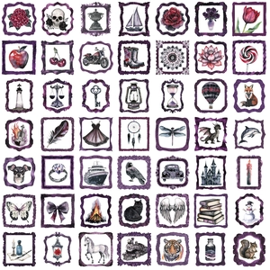 49 pieces of Gothic dark frame PET stickers featuring purple skulls, roses, and butterflies