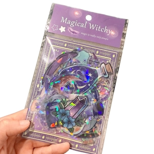 Close-up of Magical Witchy stickers with holographic PET film and mystery patterns