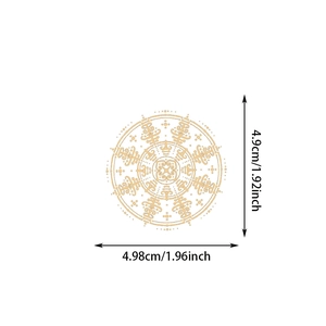 Detailed dimension guide for a golden laser mandala PET sticker showing 4.9cm diameter