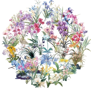 Set of 50 transparent cartoon orchid stickers with waterproof floral PET designs for decor