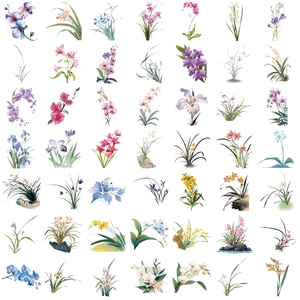 Set of 50 transparent watercolor orchid stickers for journal and laptop decoration