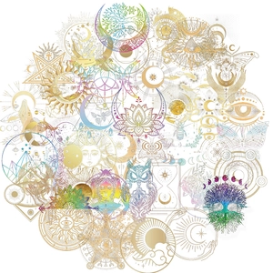 50pcs colorful laser waterproof PET stickers with bohemian and astrological sun moon designs