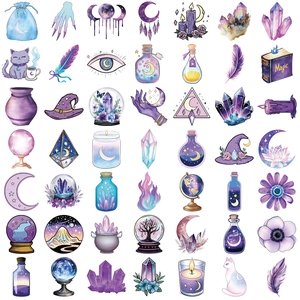 50pcs Magic Witch PET holographic stickers set with mystical moon and crystal designs