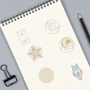 Pack of 50 colorful laser waterproof PET stickers featuring celestial moon and sun motifs