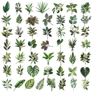 Detailed macro view of 50 waterproof PET botanical leaf stickers for scrapbooking and DIY