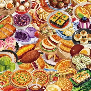 Waterproof PET stickers featuring colorful hand-drawn traditional Chinese breakfast and snacks