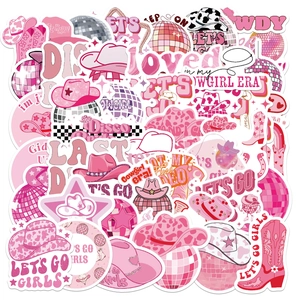 Close-up of pink disco cowgirl stickers featuring boots and hats for guitar decor