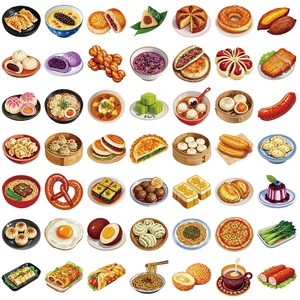 Set of 50 creative Chinese breakfast stickers featuring waterproof PET food illustrations