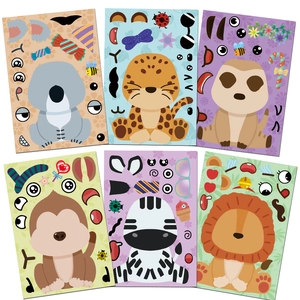 Set di adesivi animali cartoon fai-da-te con leone, zebra e koala per giochi creativi