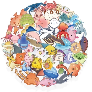 Collection of various clear waterproof PET ocean creature stickers with cartoon sea life designs