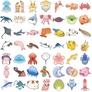 Set of 50 transparent ocean creature stickers for waterproof journaling and decoration