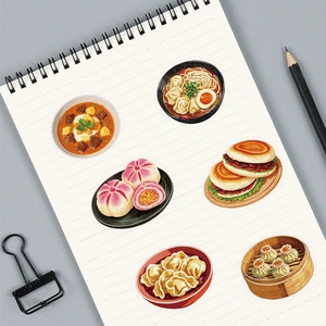 Chinese breakfast food stickers featuring noodles and dim sum for journaling and laptops