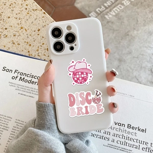 Pink disco ball with cowboy hat sticker and Disco Bride lettering on white phone case
