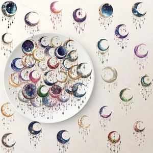 Dreamy galaxy PET stickers set with crescent moon and jewelry motifs for journaling