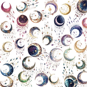 Detailed view of dreamy galaxy PET stickers with moon, stars, and celestial patterns