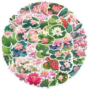 50pcs Chinese style lotus flower and leaf waterproof stickers for journal decor