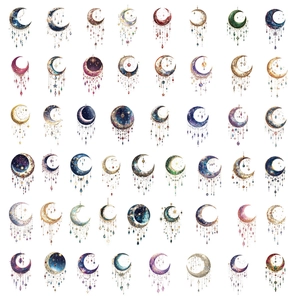 50 pieces of galaxy PET stickers featuring dreamy moon patterns with hanging crystal charms