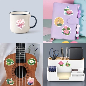 Waterproof Chinese lotus stickers decorating a mug, notebook, ukulele and storage box
