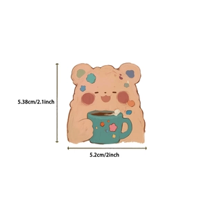 Cute Korean style pink bear sticker with colorful cloud and mug, size 2.1 x 2 inches